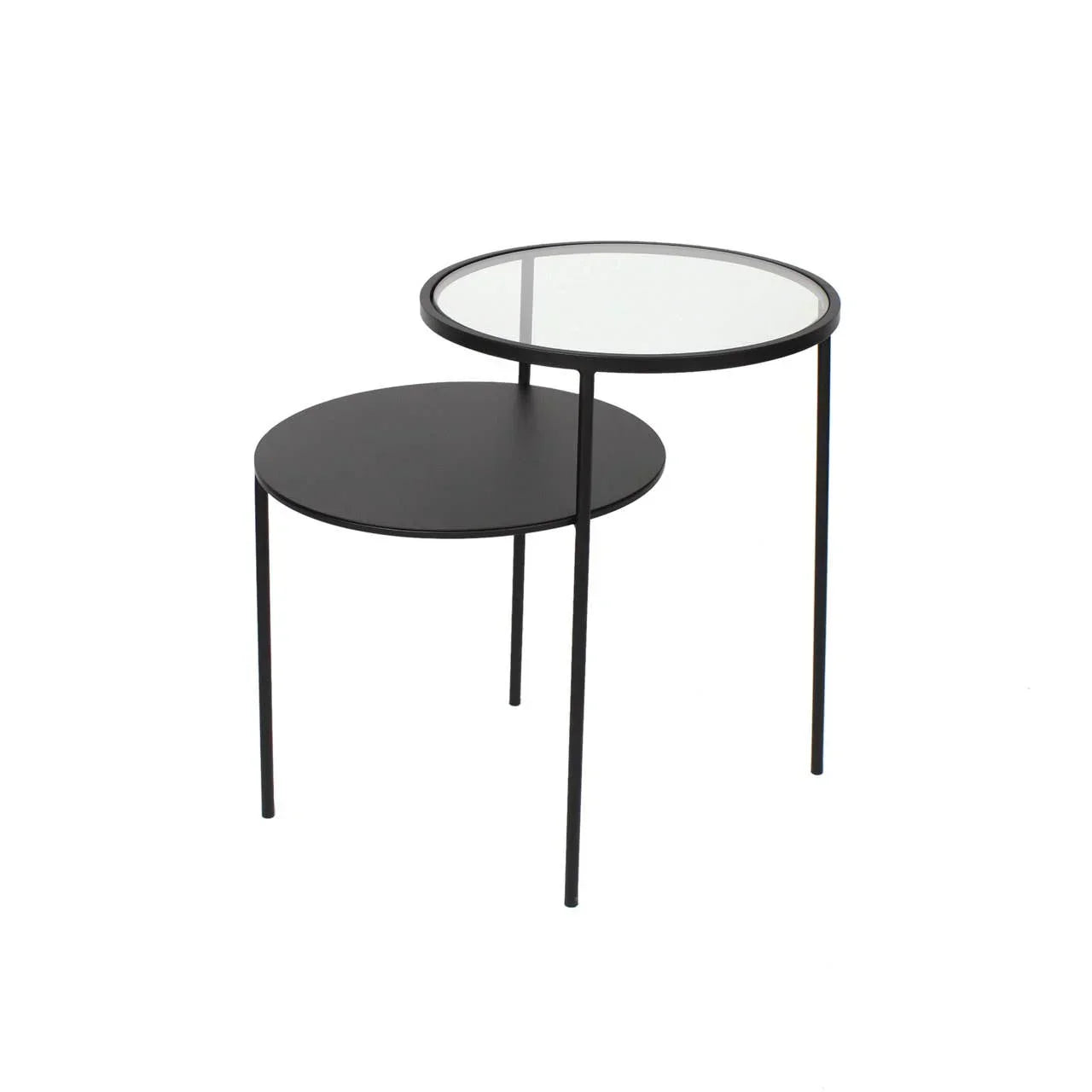 Black round metal and glass nesting side tables with minimalist frame design