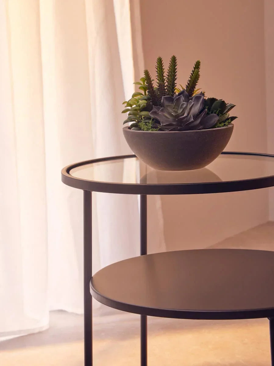 Round glass side table with black metal frame and potted succulent arrangement