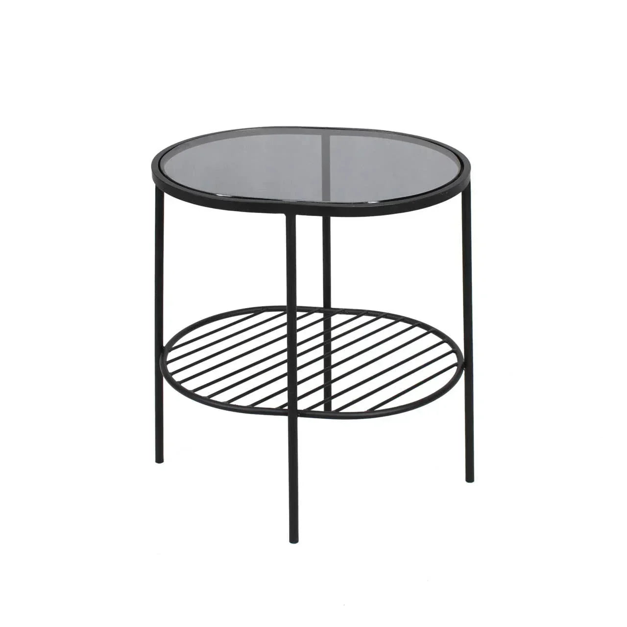 Black metal round side table with glass top and lower slatted shelf