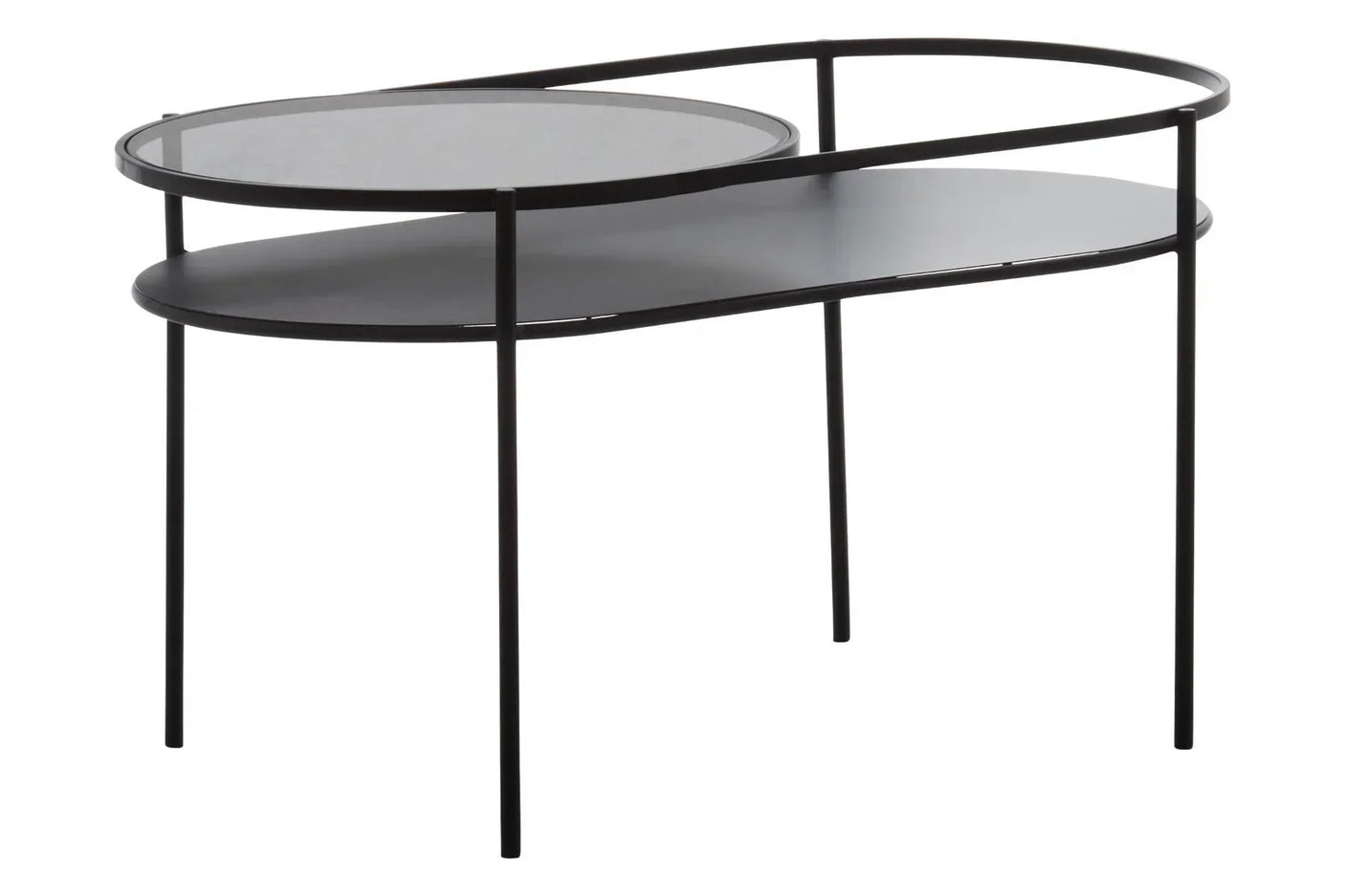 Black glass top side table with metal frame and lower shelf, modern oval design