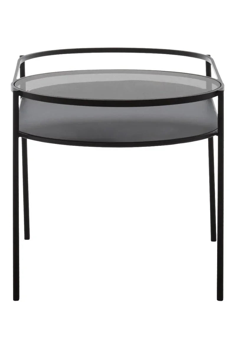 Black metal and glass side table with lower shelf, front view