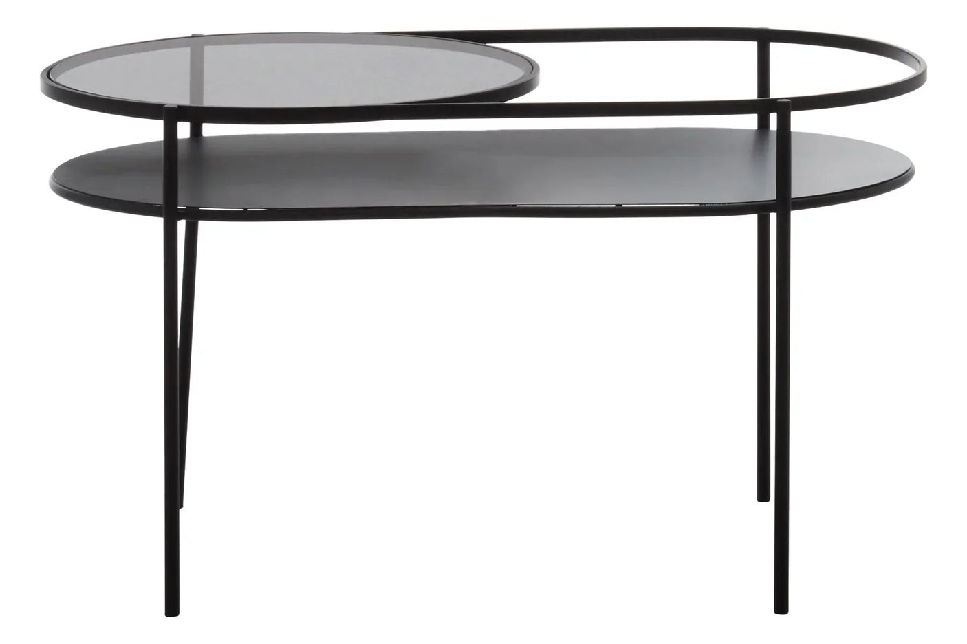 Black metal coffee table with two-tier oval and round surfaces, modern minimalist design