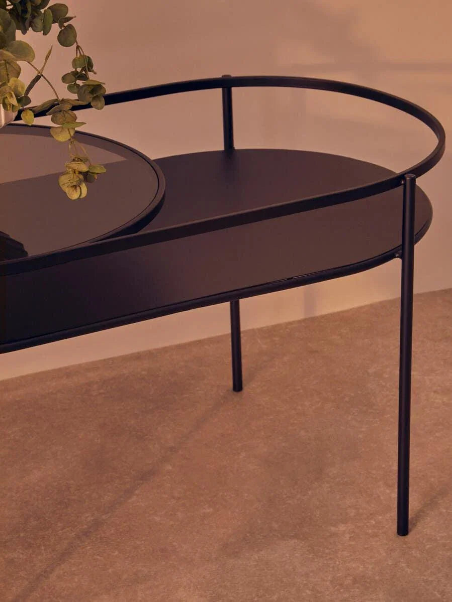 Black metal console table with oval shape and glass top, styled with a small plant