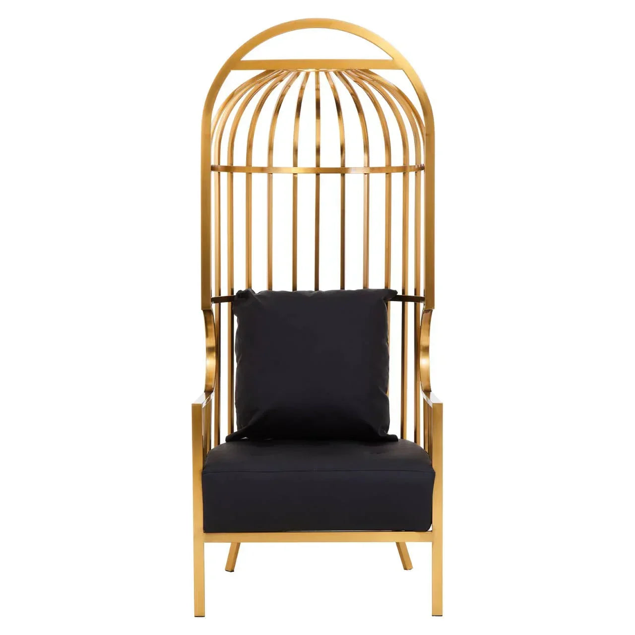 Gold metal accent chair with high cage back and black cushion, front view