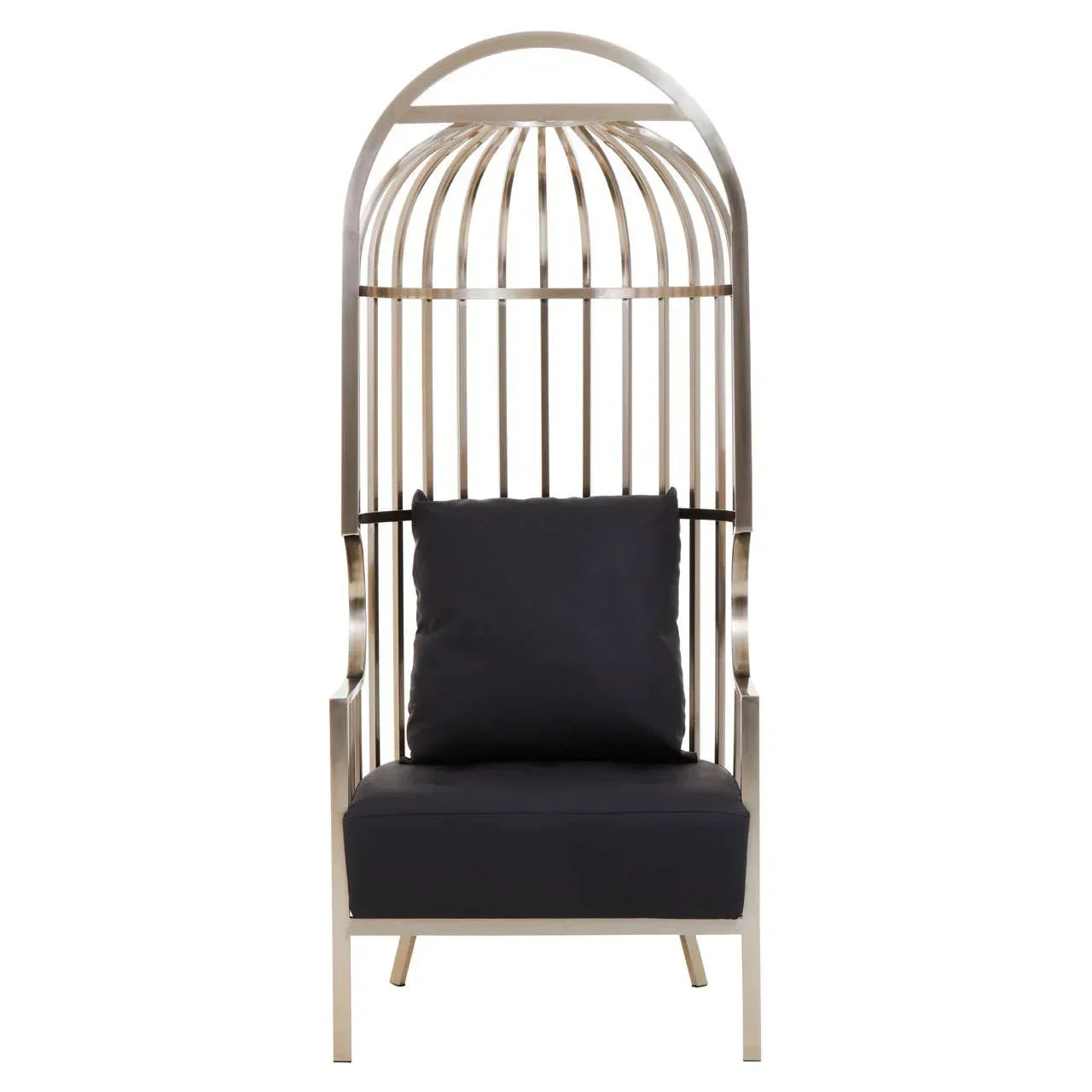 Modern accent chair with gold metal frame and black seat cushion, front view