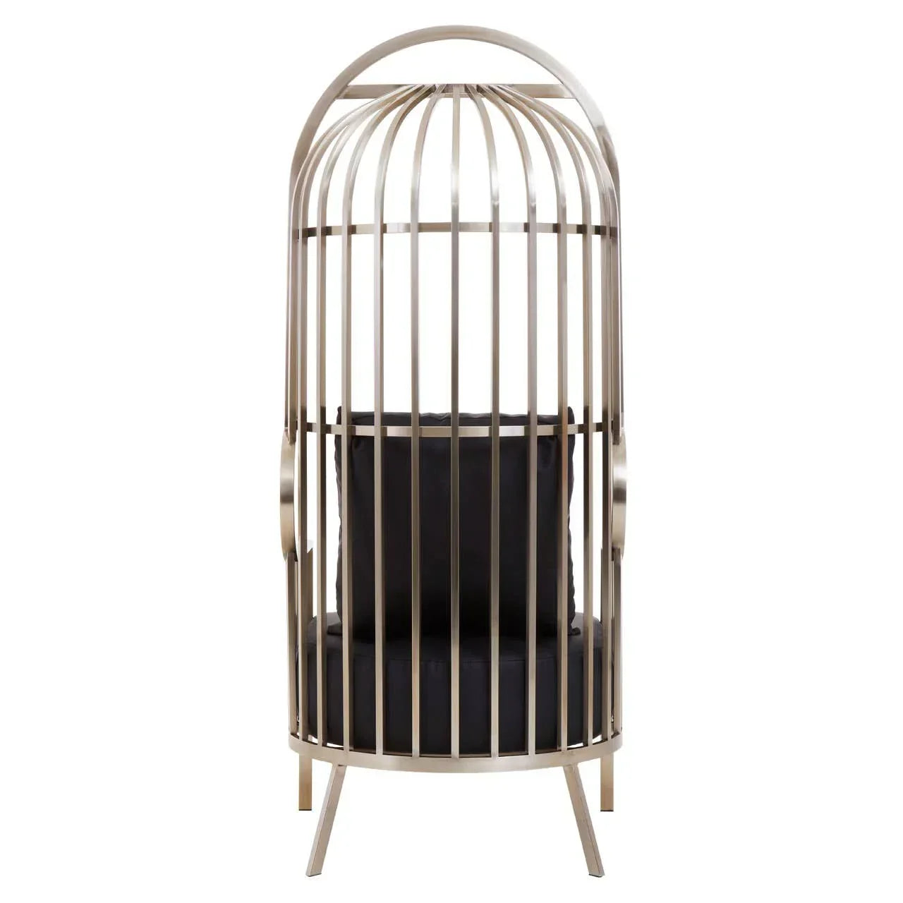 Gold metal birdcage accent chair with black cushion, front view