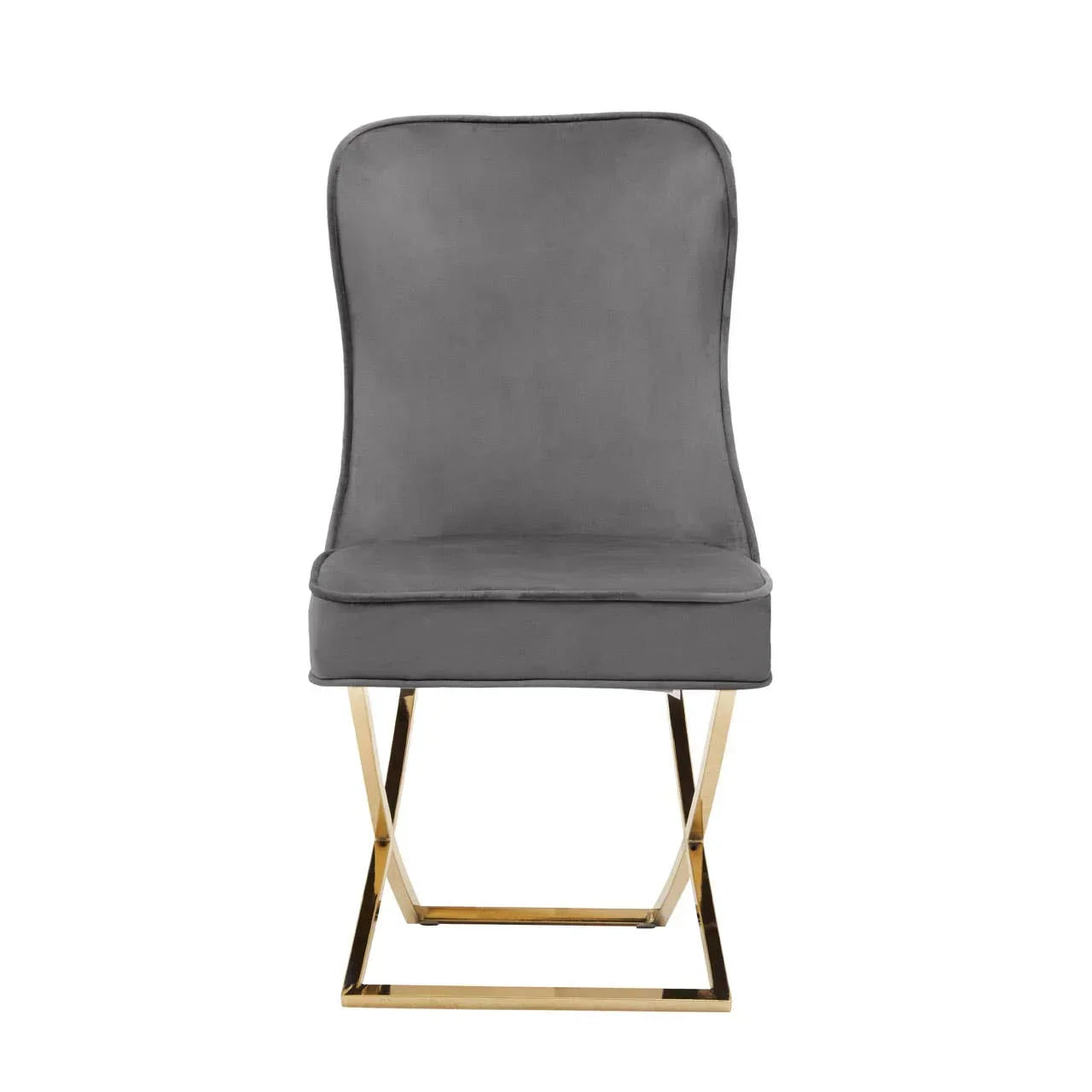 Grey velvet dining chair with gold metal base front view