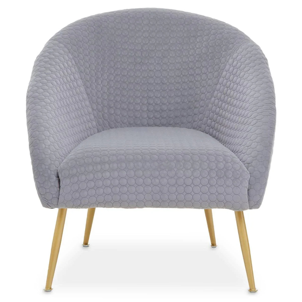 Grey upholstered accent chair with textured fabric and gold metal legs, front view