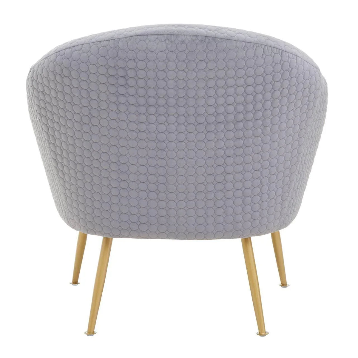 Back view of grey accent chair with textured upholstery and gold metal legs