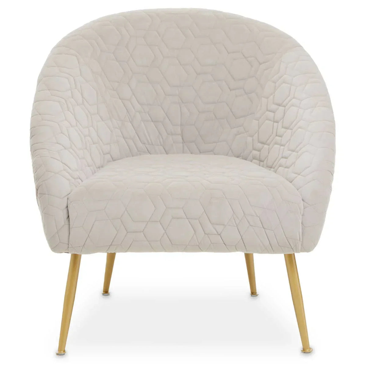 Cream accent chair with geometric upholstery and gold metal legs, front view