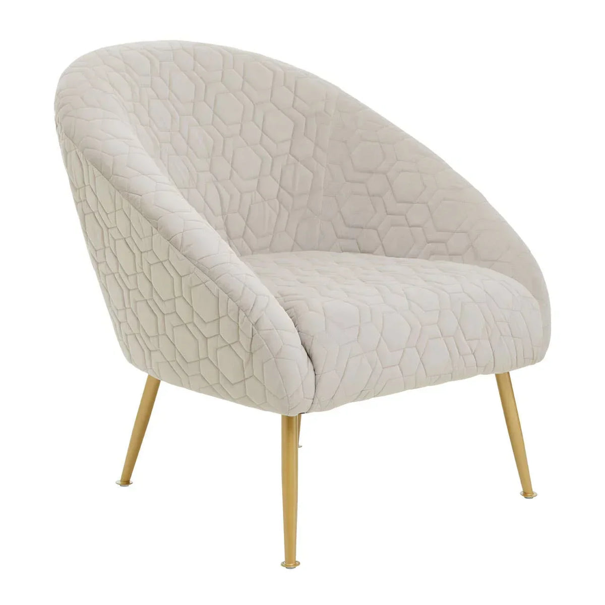 Beige accent chair with quilted upholstery and gold metal legs angled to the right