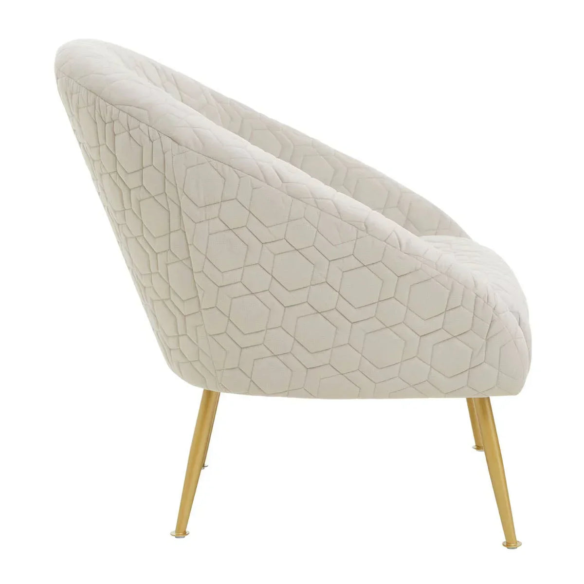 Cream upholstered accent chair with geometric stitching and gold metal legs, side view