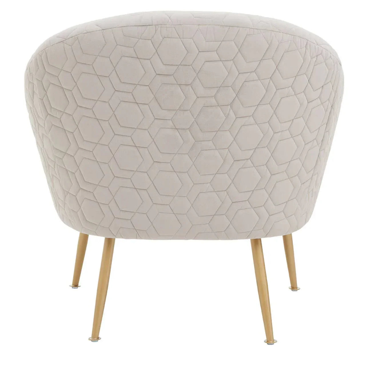 Cream accent chair with hexagonal quilted fabric and gold metal legs, rear view