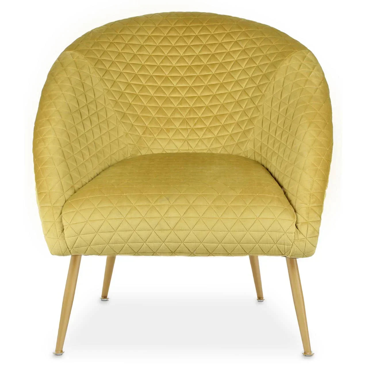 Yellow velvet accent chair with diamond quilted upholstery and gold metal legs, front view