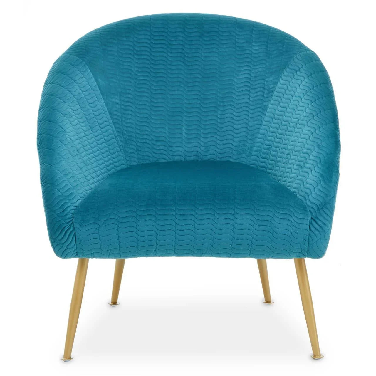 Teal velvet accent chair with gold metal legs and textured wavy upholstery, front view