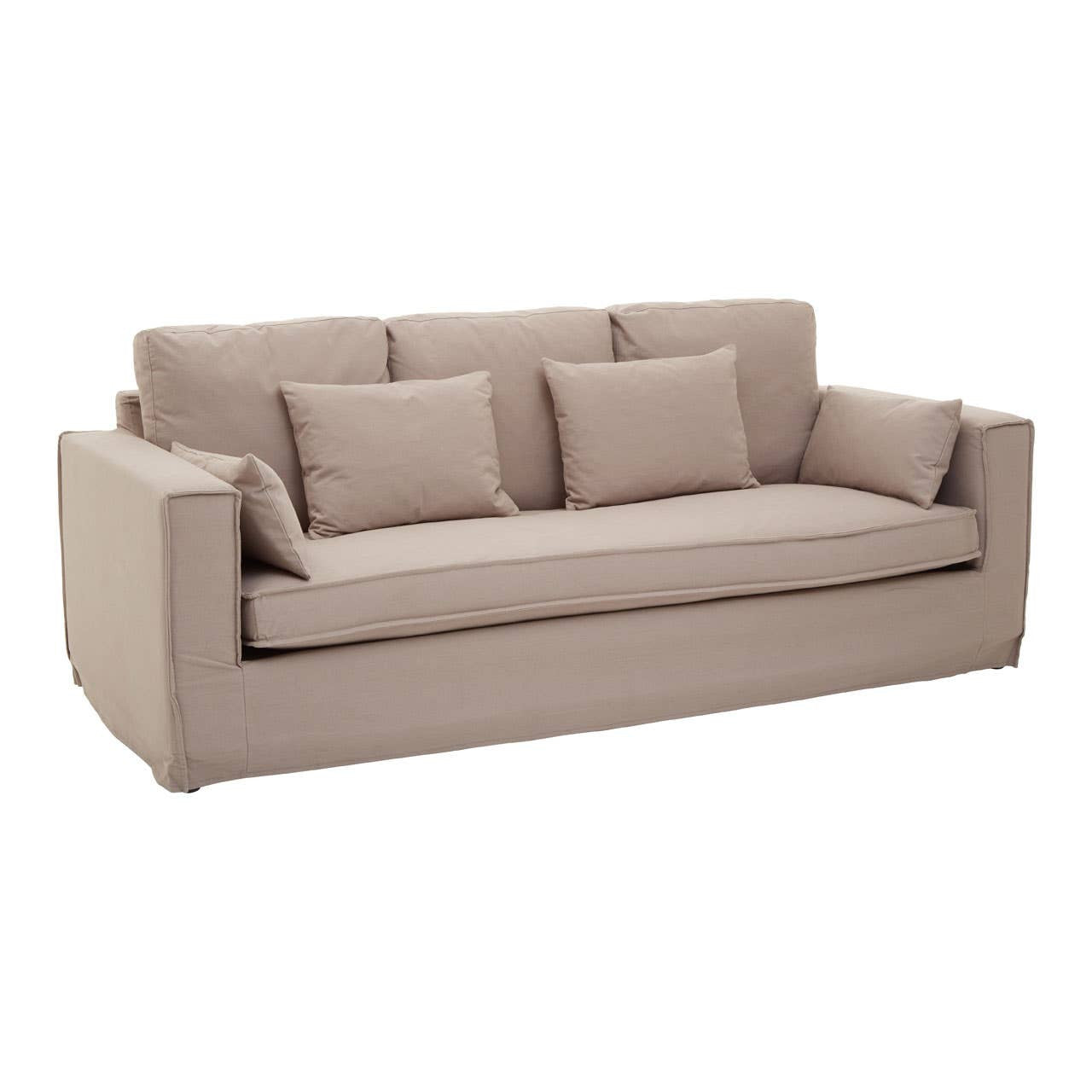 Three-seat sofa upholstered in light grey fabric, featuring a modern design with thick armrests and three plush back cushions. The sofa has a low profile and a sturdy base, making it suitable for contemporary living spaces