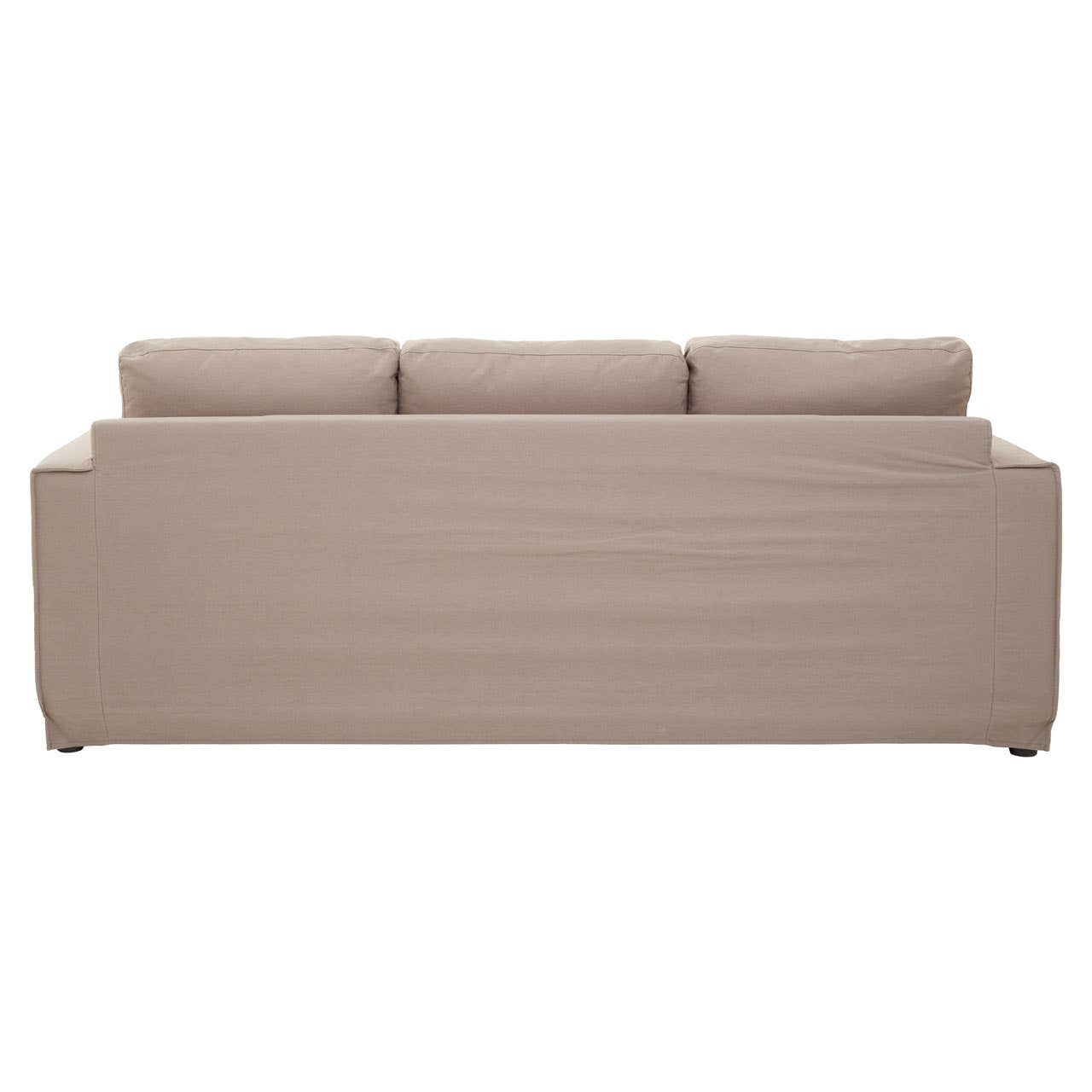 Three-seat sofa upholstered in grey fabric, featuring a sleek, minimalist design with a smooth back and three plush cushions. The sofa has a clean, straight silhouette and a solid base, making it suitable for modern living spaces