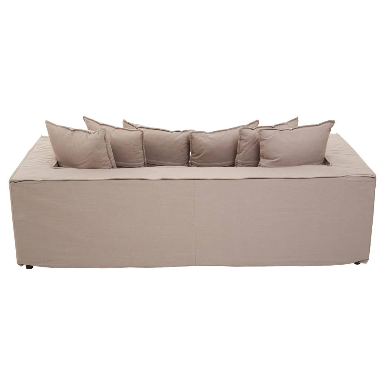 Three-seat grey sofa featuring a modern, minimalist design with a rectangular shape and five plush cushions on the backrest. The sofa has a clean, upholstered finish and sits on short, sturdy legs