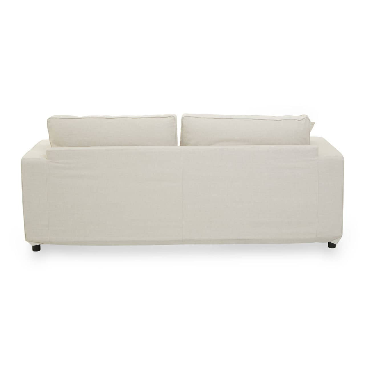 Cream fabric three-seat sofa with a minimalist design, featuring two back cushions and sleek, straight lines. The sofa rests on four small black legs, providing a modern touch to the overall look