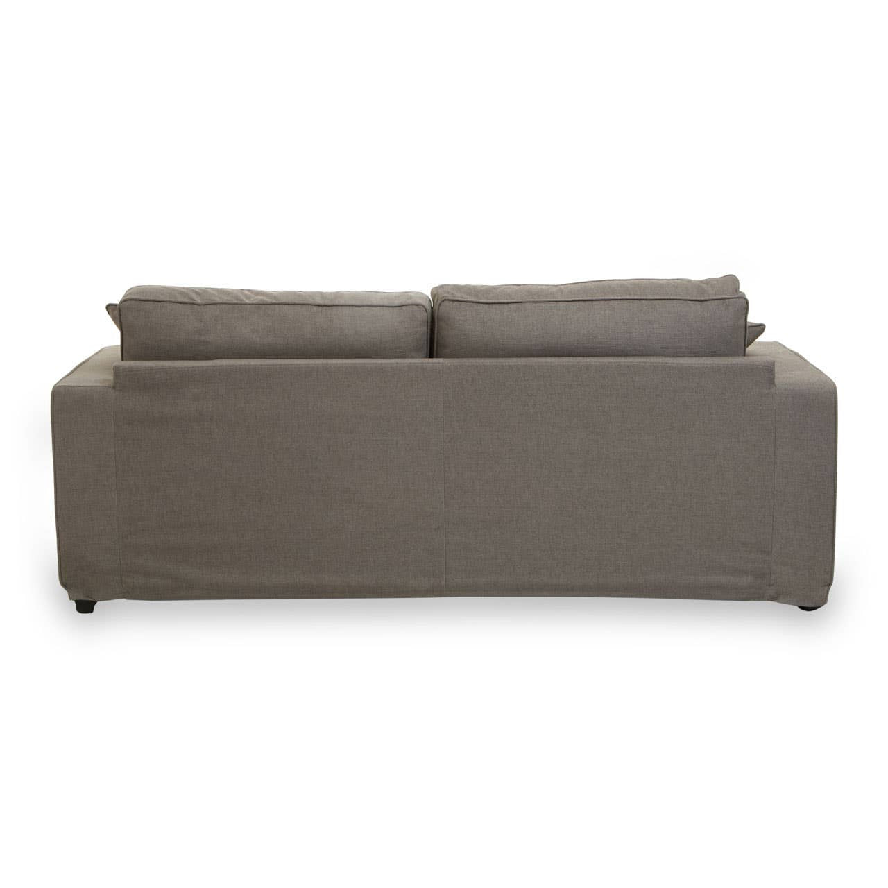 Three-seat sofa upholstered in grey fabric, featuring a minimalist design with a straight back and two plush cushions on the backrest. The sofa has a solid base and is supported by four short legs