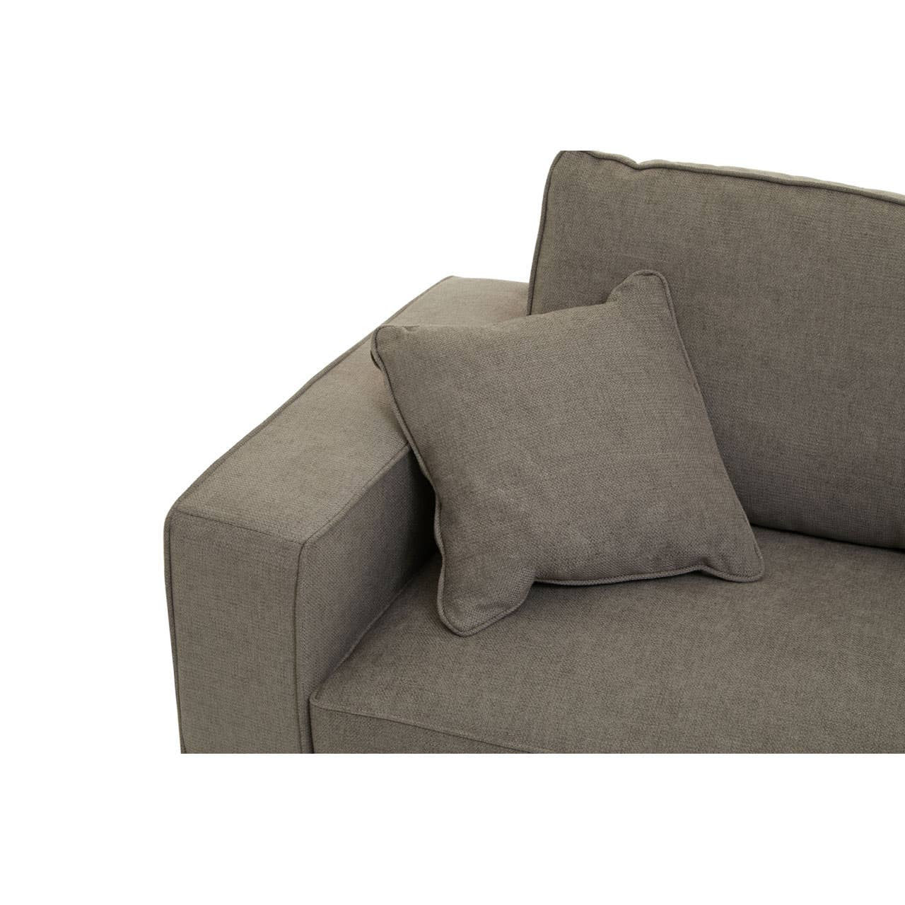 Grey fabric sofa with a modern design featuring a square armrest and a matching square cushion. The upholstery has a soft texture, and the overall look is sleek and contemporary, suitable for various interior styles