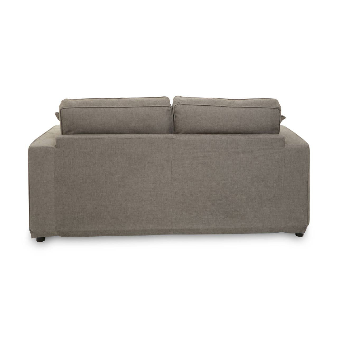 Two-seat grey sofa with a simple, modern design featuring a straight back and two plush cushions. The fabric has a soft texture, and the sofa rests on short, sturdy legs. The overall color is a muted grey, suitable for various interior styles