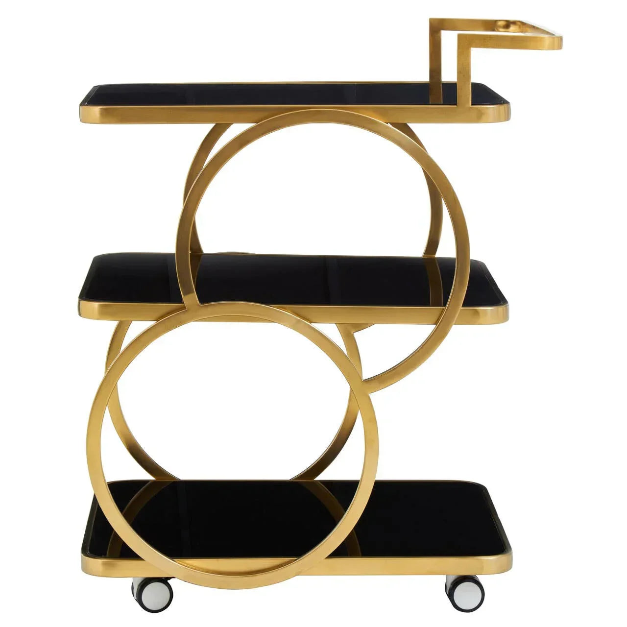 Gold and black metal drinks trolley with three shelves and circular frame on wheels