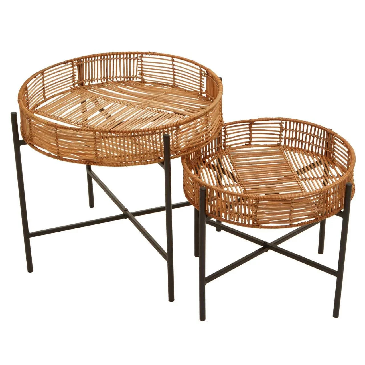 Round rattan side tables with black metal legs, two sizes nested together
