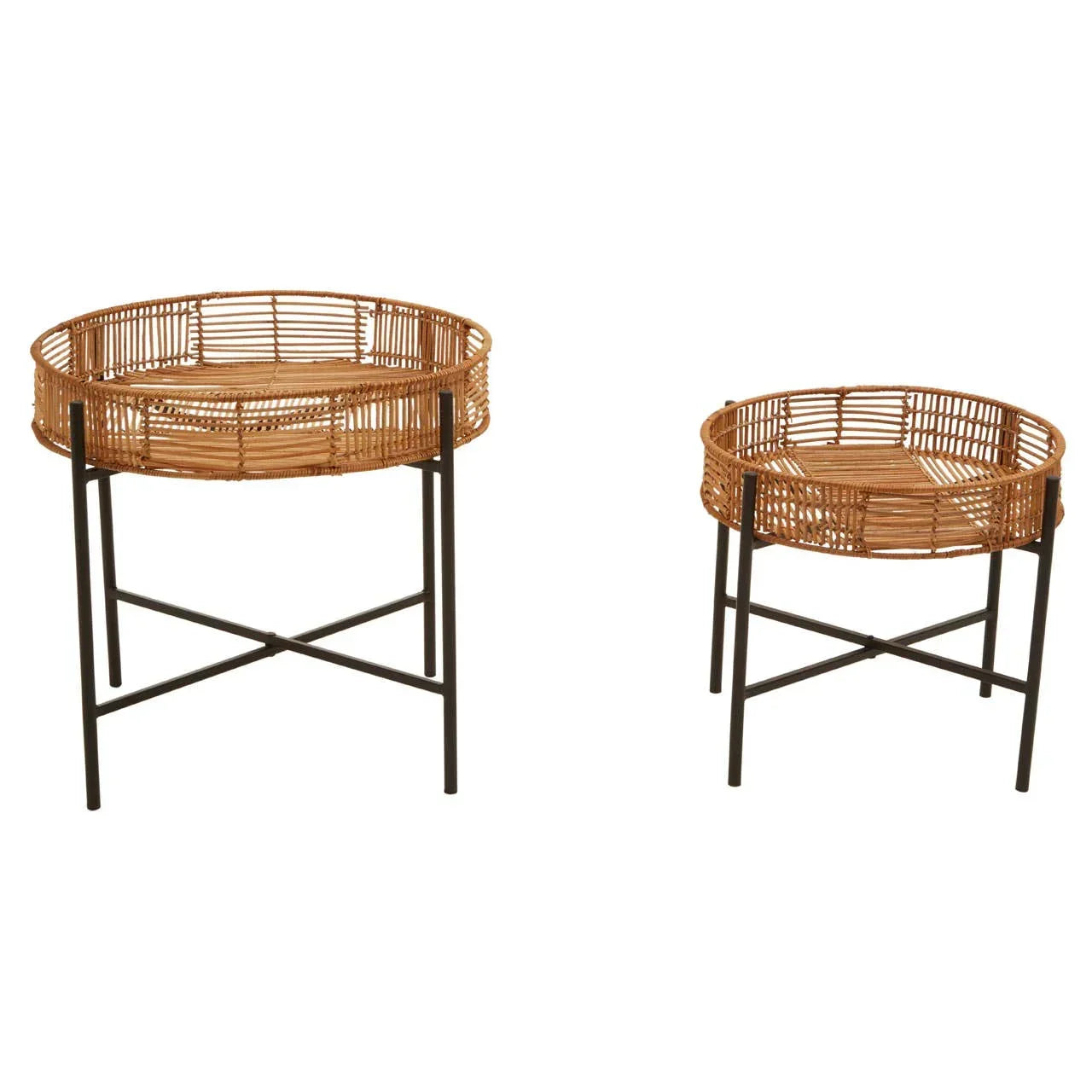 Round rattan side tables with black metal legs, set of two, basket design tops