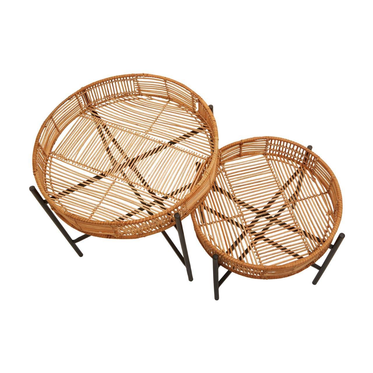 Set of two round rattan nesting tables with black metal legs