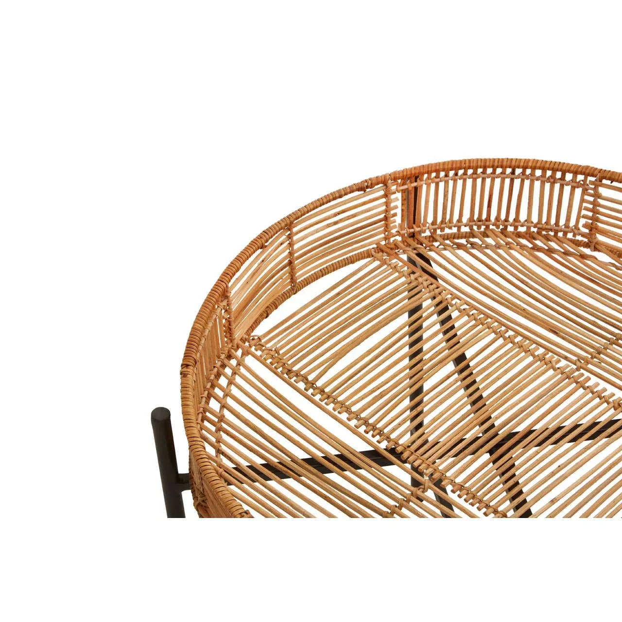 Round wicker coffee table top with woven rattan surface and black metal frame detail