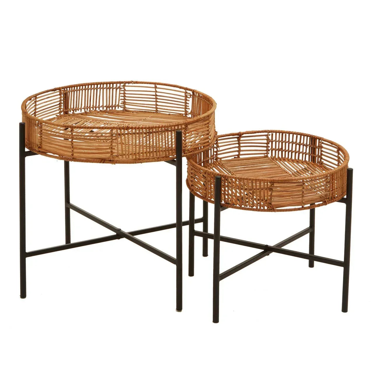 Set of two round rattan side tables with metal legs, natural finish, nesting design