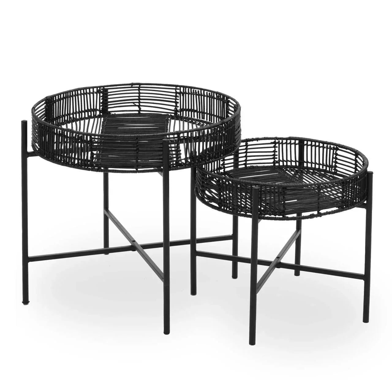 Set of two black rattan side tables with round tops and metal frames