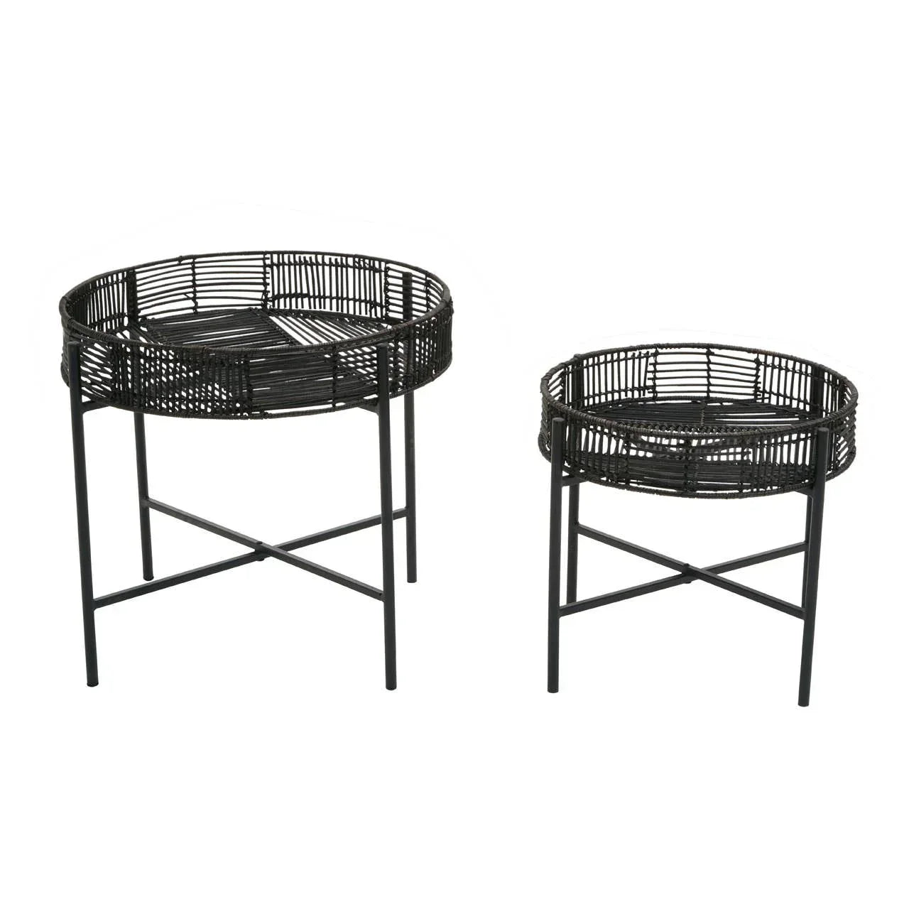 Set of two black rattan side tables with metal legs and round tray tops