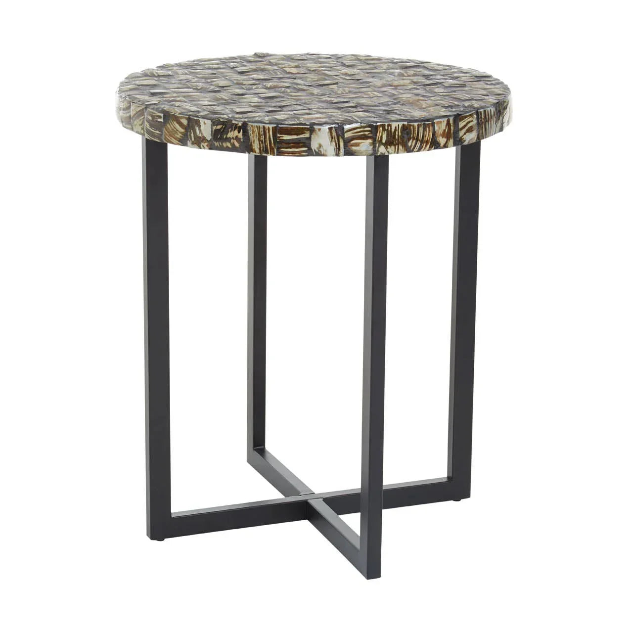 Round accent table with mosaic shell top and black metal legs