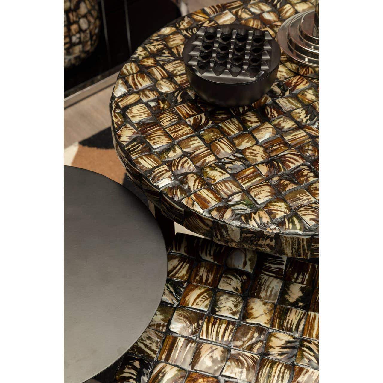 Round mosaic coffee table with textured brown and cream tiles, modern decor accent