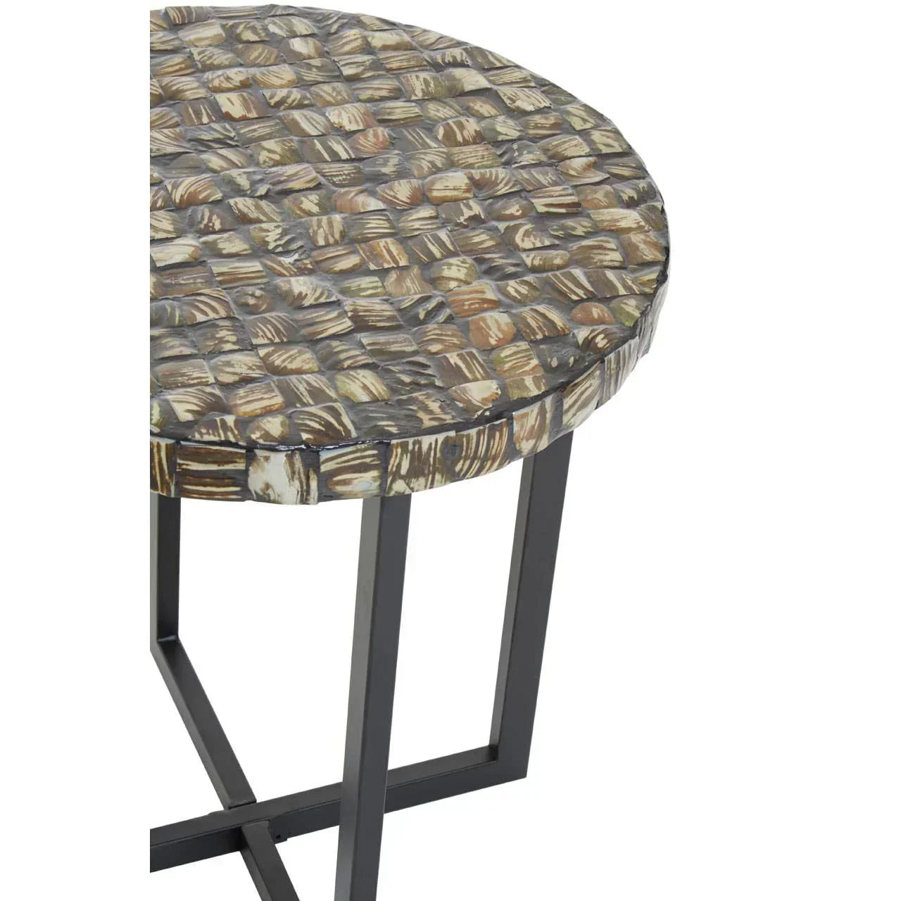 Round side table with mosaic shell top and metal legs, close-up of textured surface