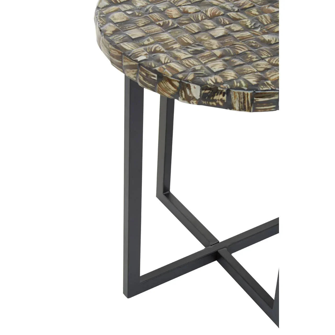 Round side table with woven patterned top and black metal legs, close-up view