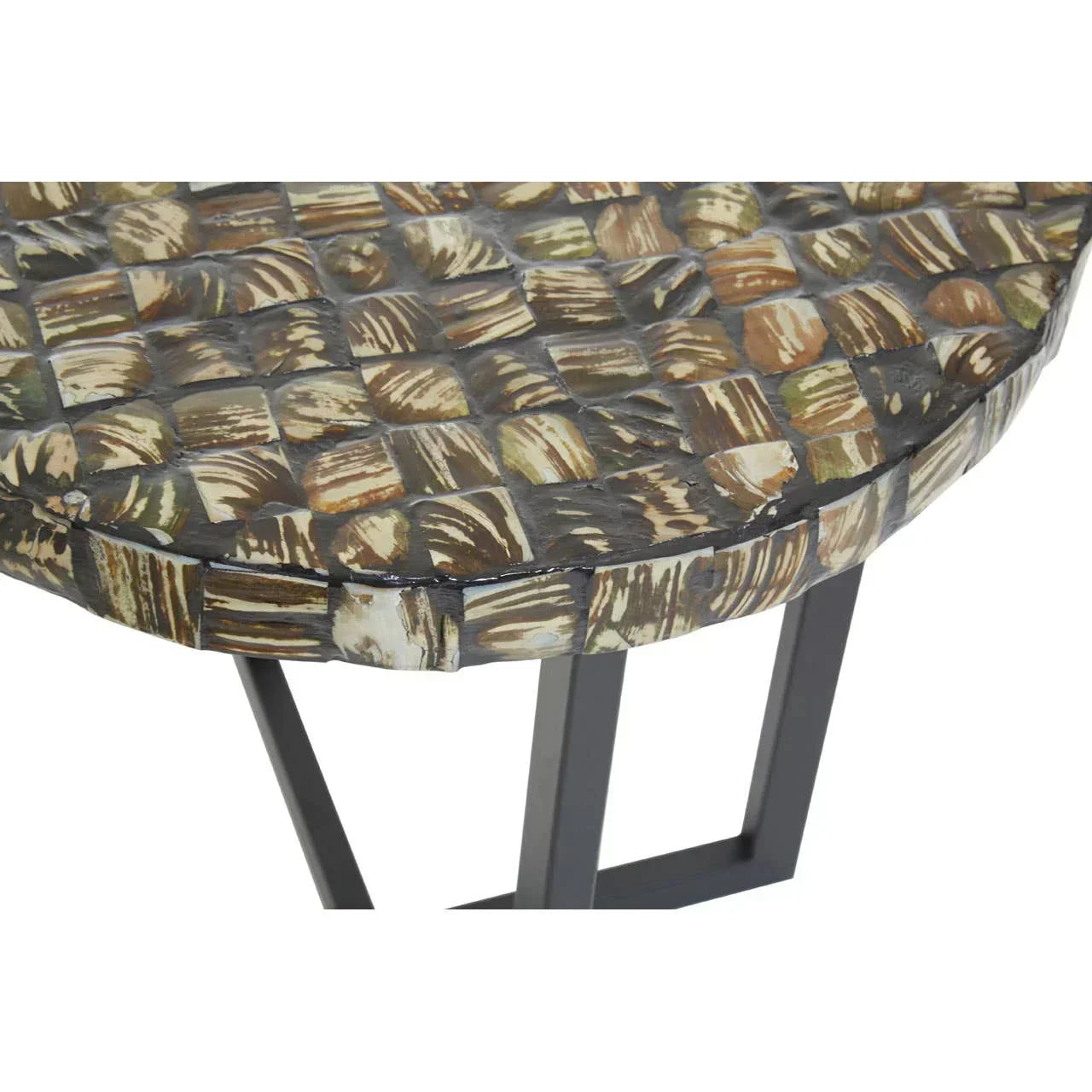 Close-up of decorative mosaic side table with square shell pattern and black metal legs
