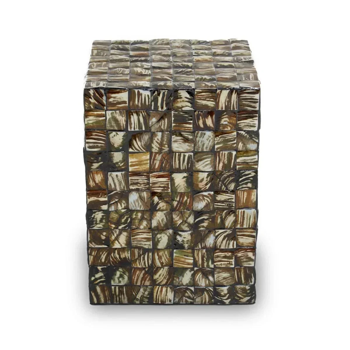 Brown mosaic accent side table with square tiles and glossy finish