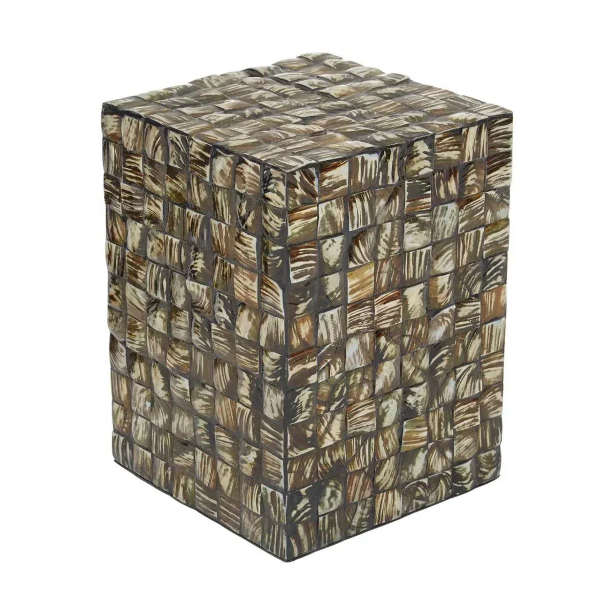 Brown mosaic accent table with textured square pattern and cube shape