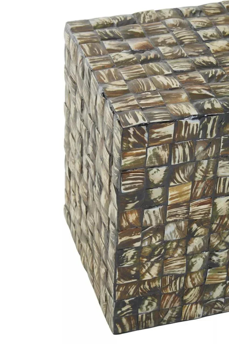 Square accent table with mosaic textured surface in brown and beige tones