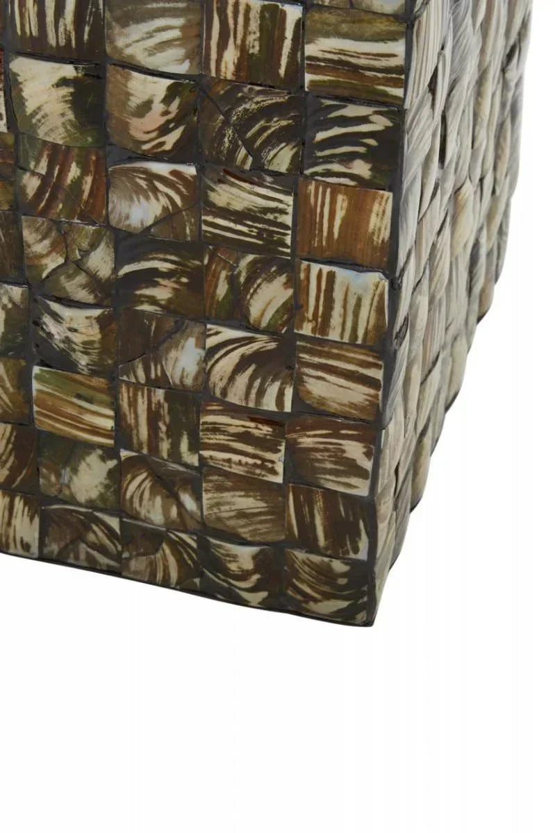 Close-up of mosaic side table with brown and cream square tile pattern