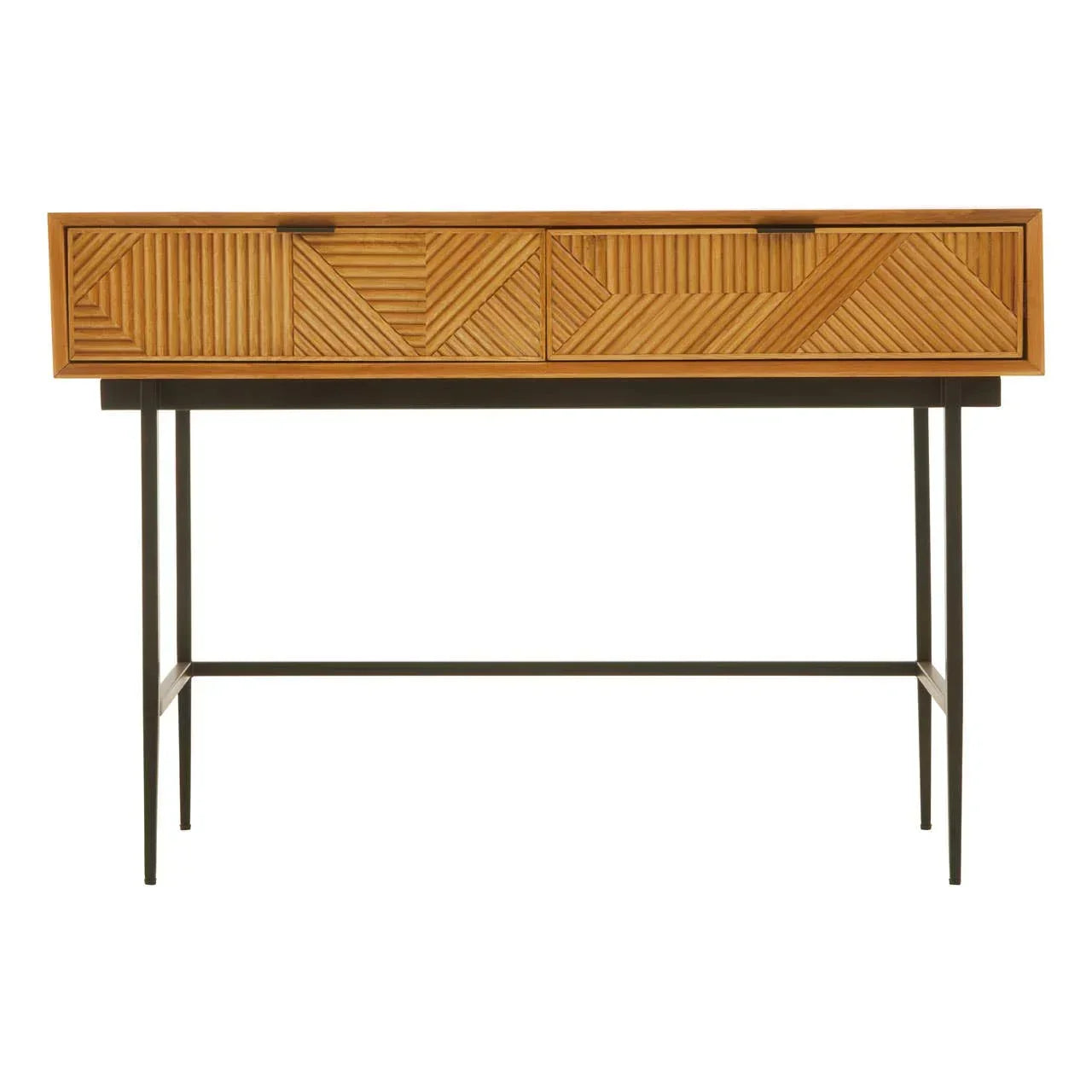 Wooden console table with patterned drawers and slim black metal legs front view