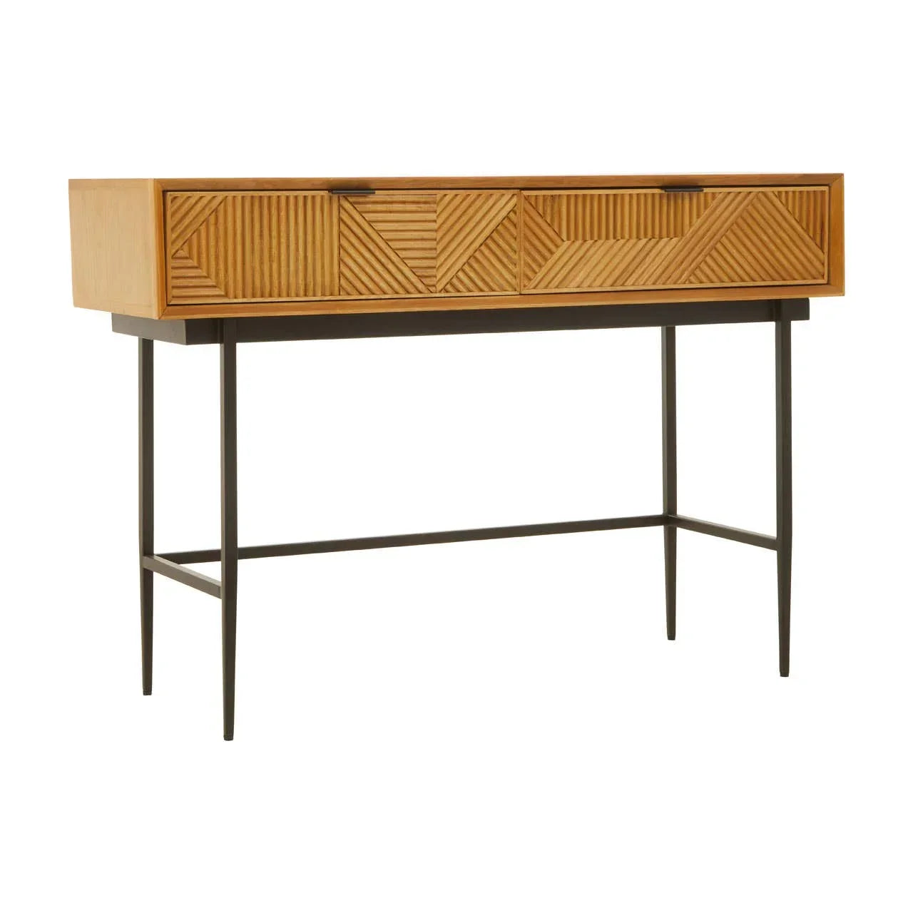 Wood console table with geometric carved drawers and black metal legs