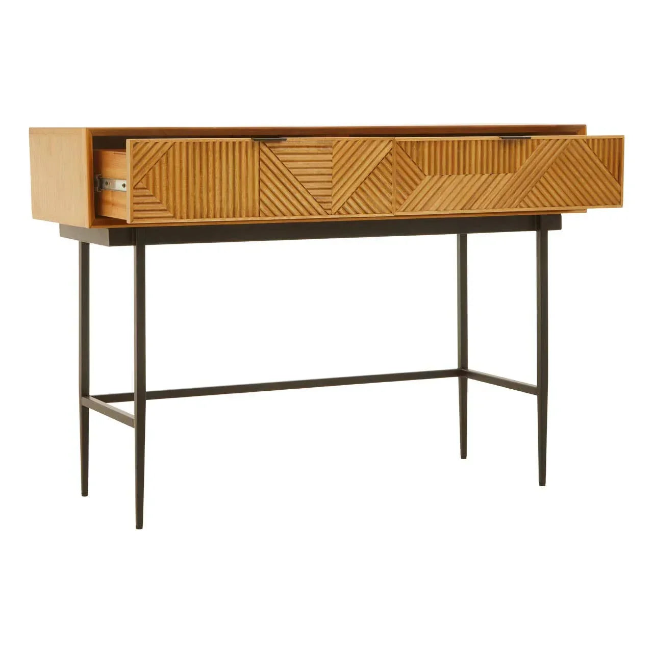 Wooden console table with geometric carved drawer fronts and slim black metal legs