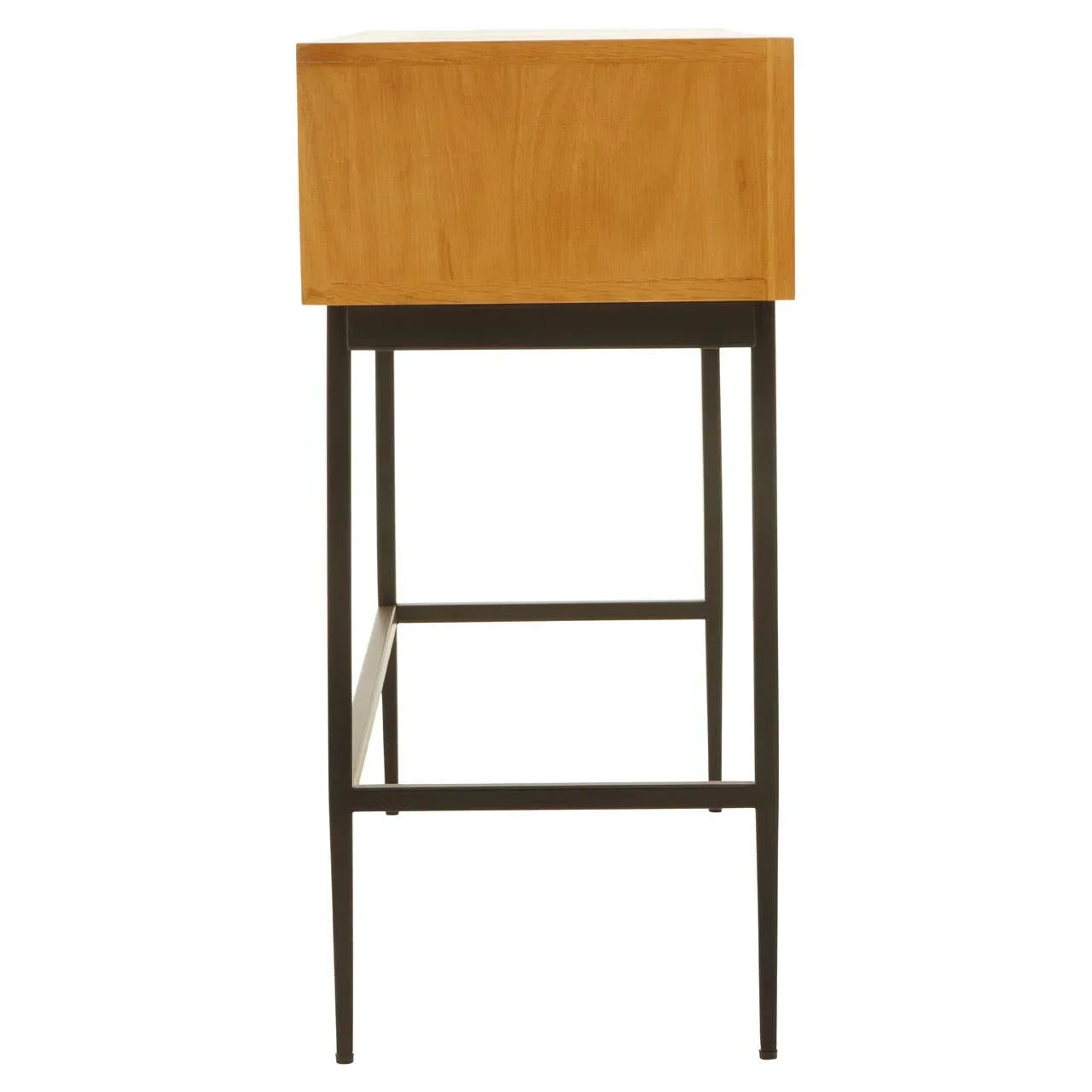 Side view of a wooden bedside table with black metal legs