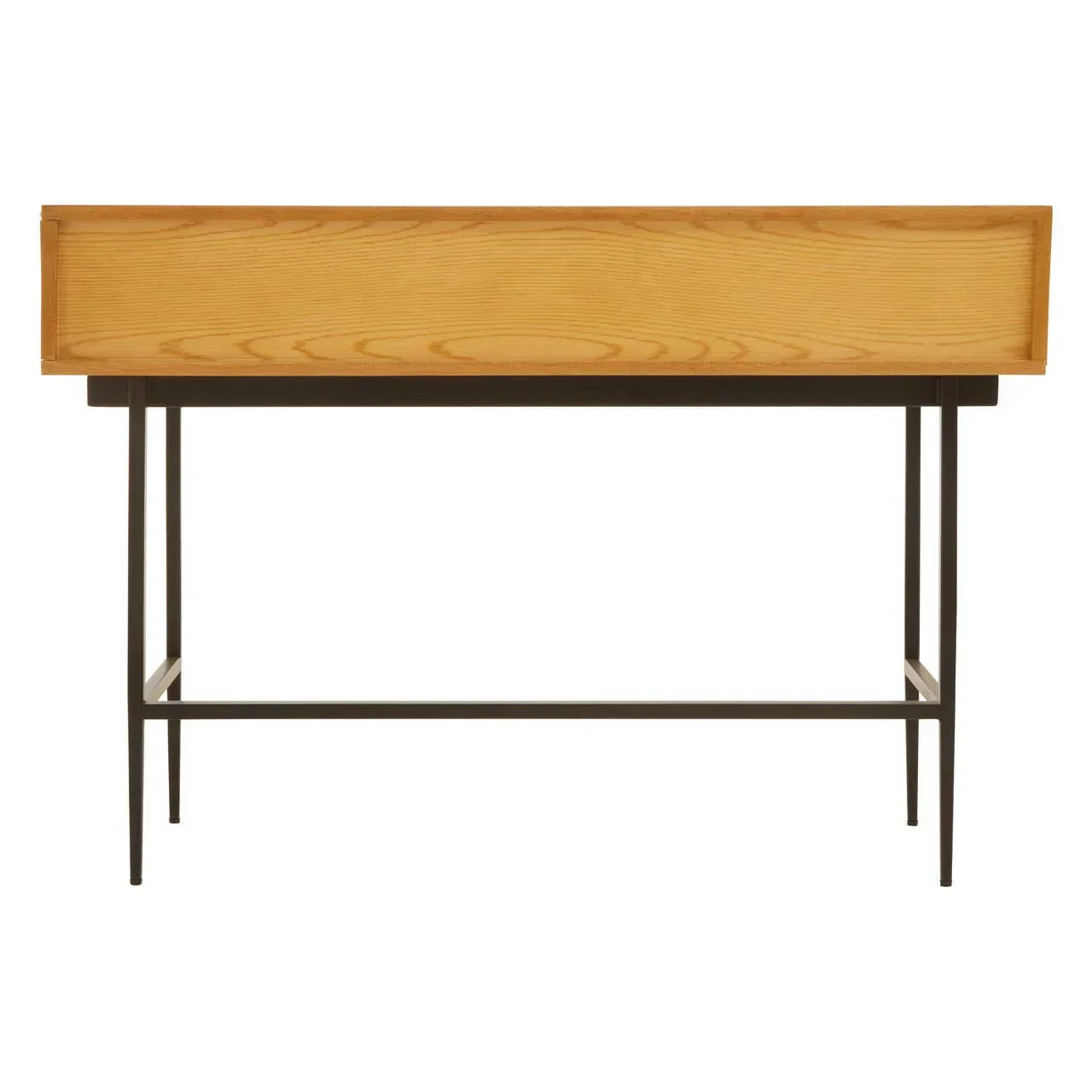 Modern wooden desk with natural finish and black metal legs, rear view