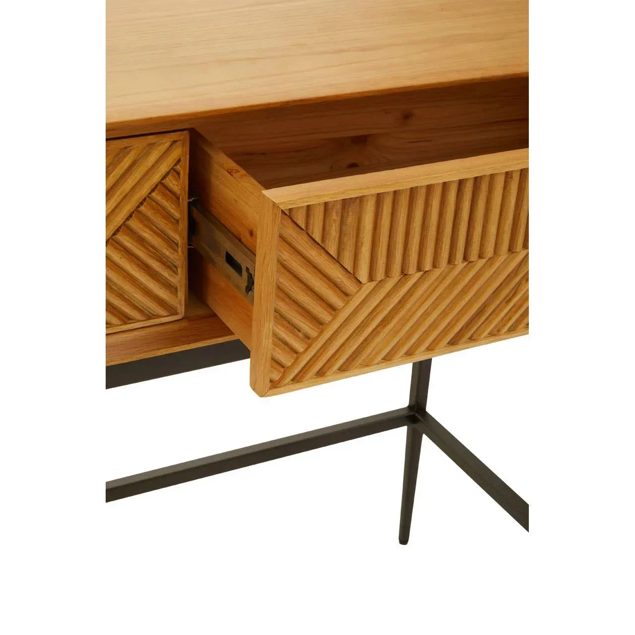 Wooden desk with chevron pattern drawer and black metal legs, drawer partially open