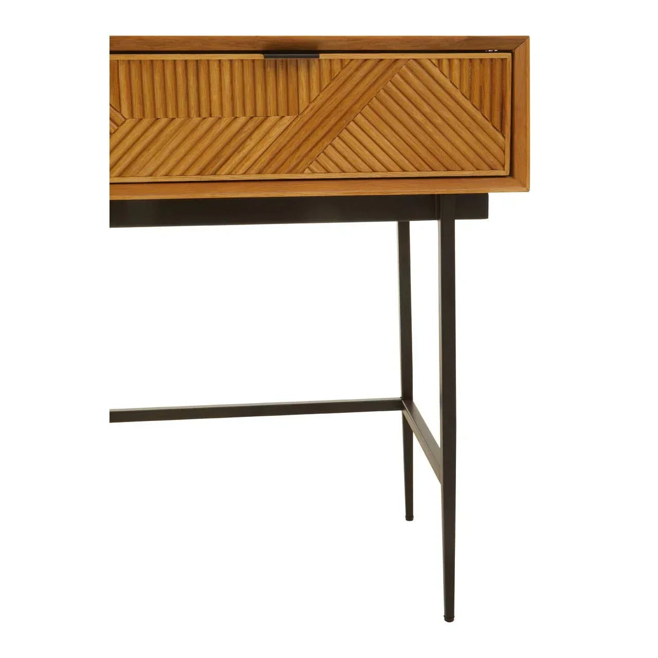 Wood console table with geometric drawer front and slim black metal legs